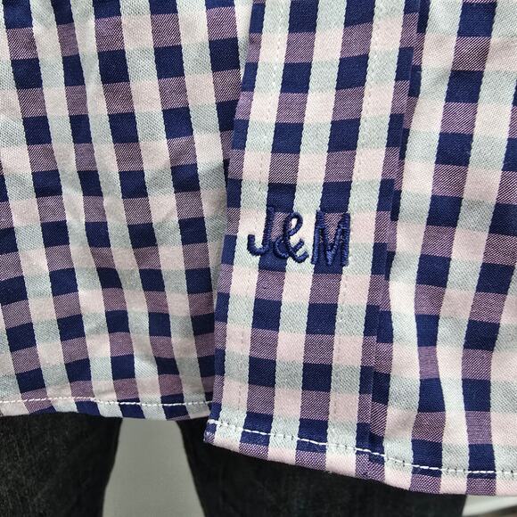 JOHNSTON & MURPHY Dress Shirt Sz M Tailored fit Contrast Flip Cuff Gingham check - Picture 11 of 13